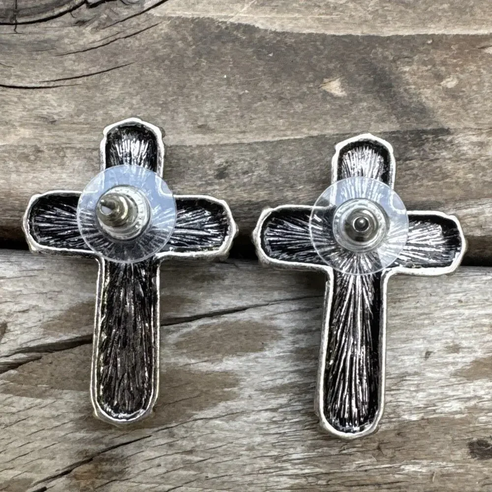 Turquoise Tone Howite or Plastic Cross Earrings Western Boho Silver Tone Post